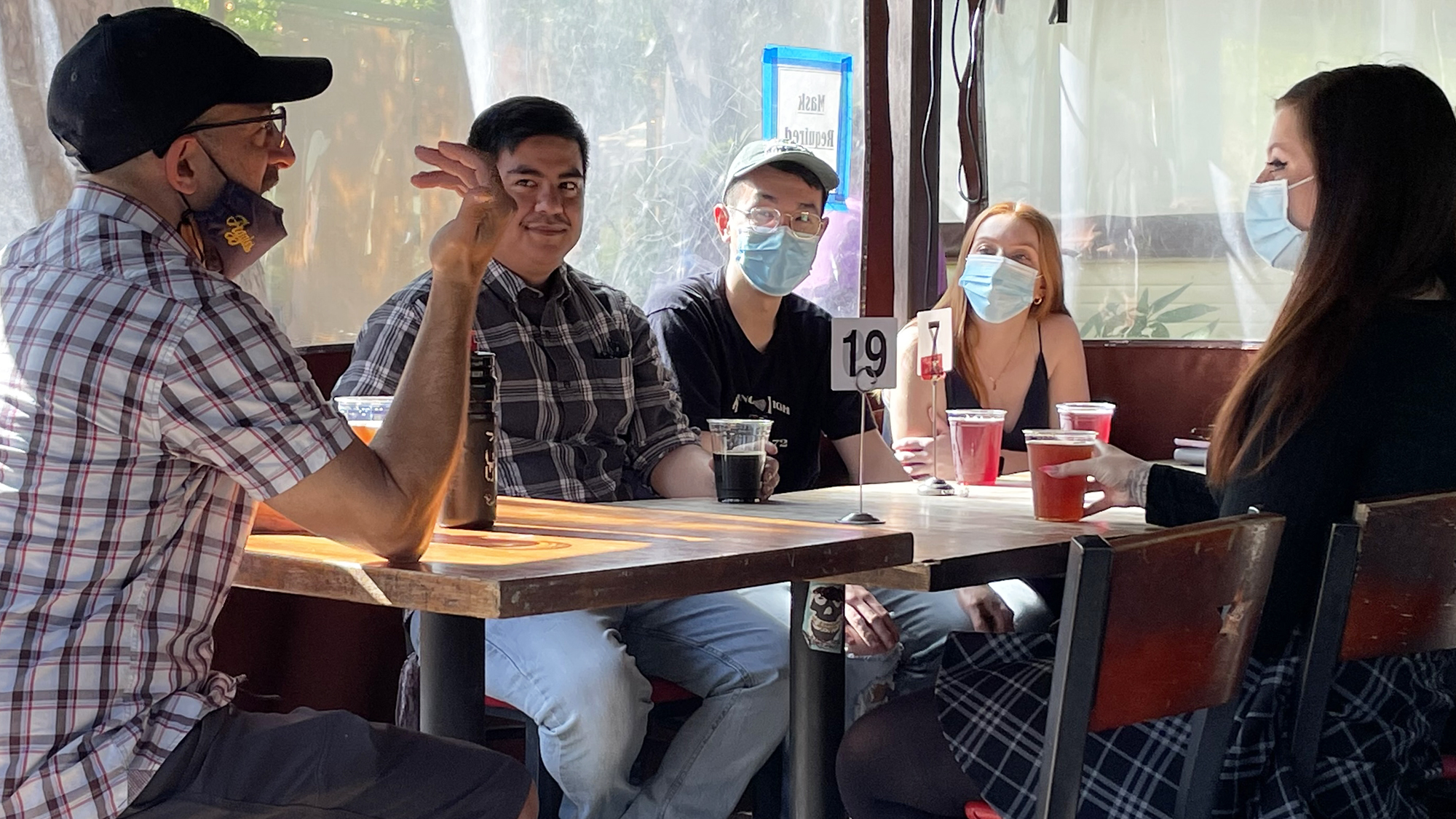Ken Kaplan (left) with student researchers and co-authors Luis Perucho-Jaimes (Pharmaceutical Chemistry Major), Jonathan Do (masked; Environmental toxicology major) and Alex Van Elgort (also masked; Cell Biology major). (Gabriella Renteria/UC Davis)
