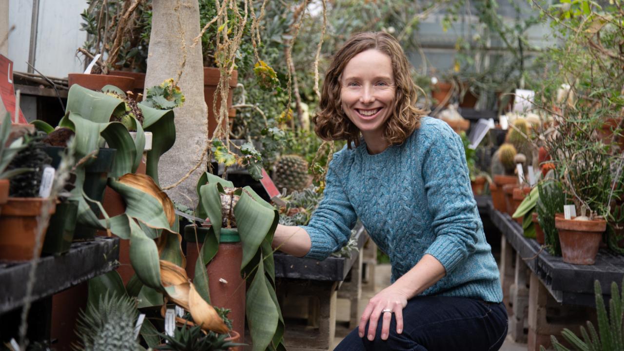 Jennifer Gremer examines a plant