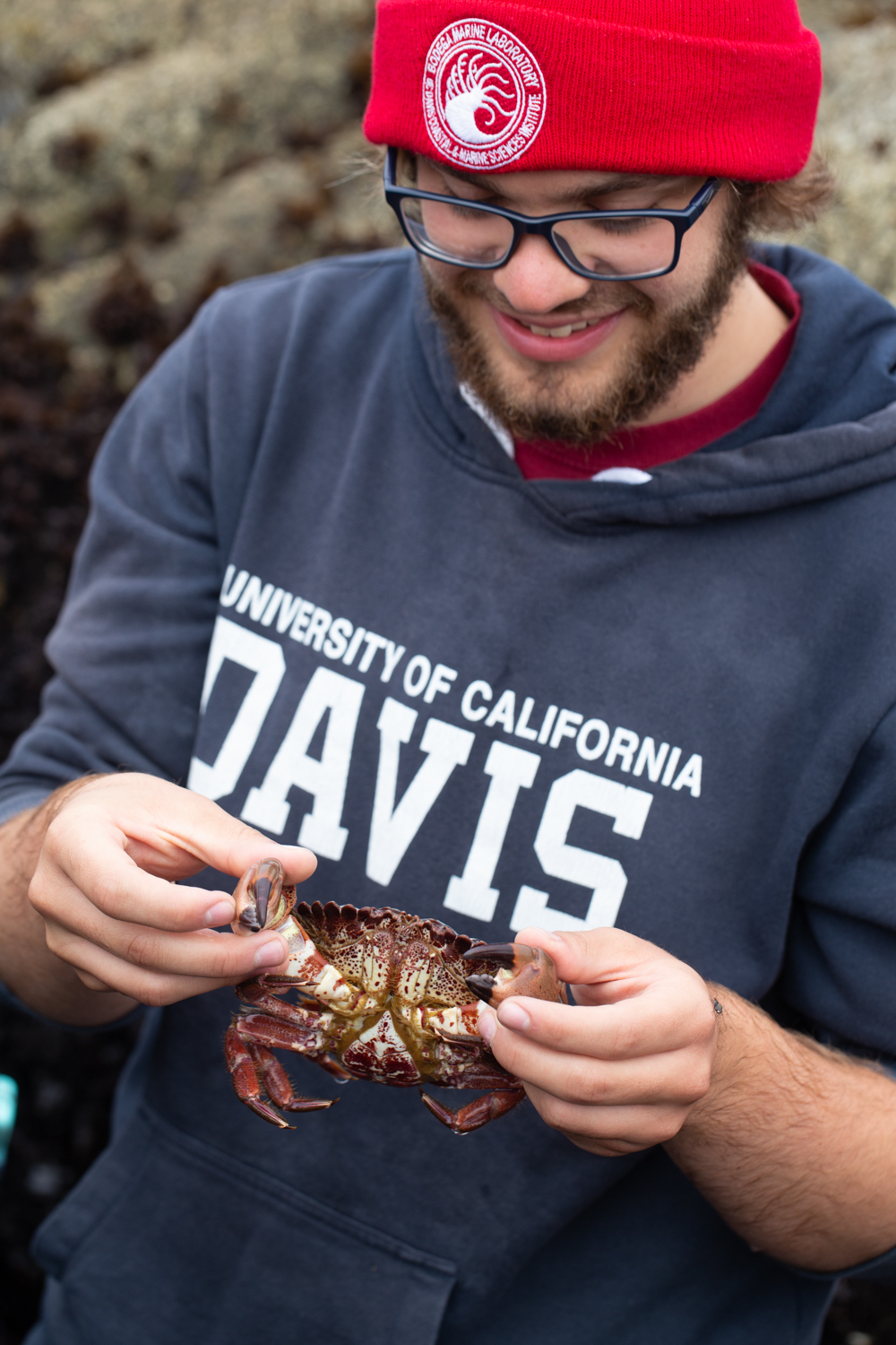 Evan Tjeerdema holds a crab