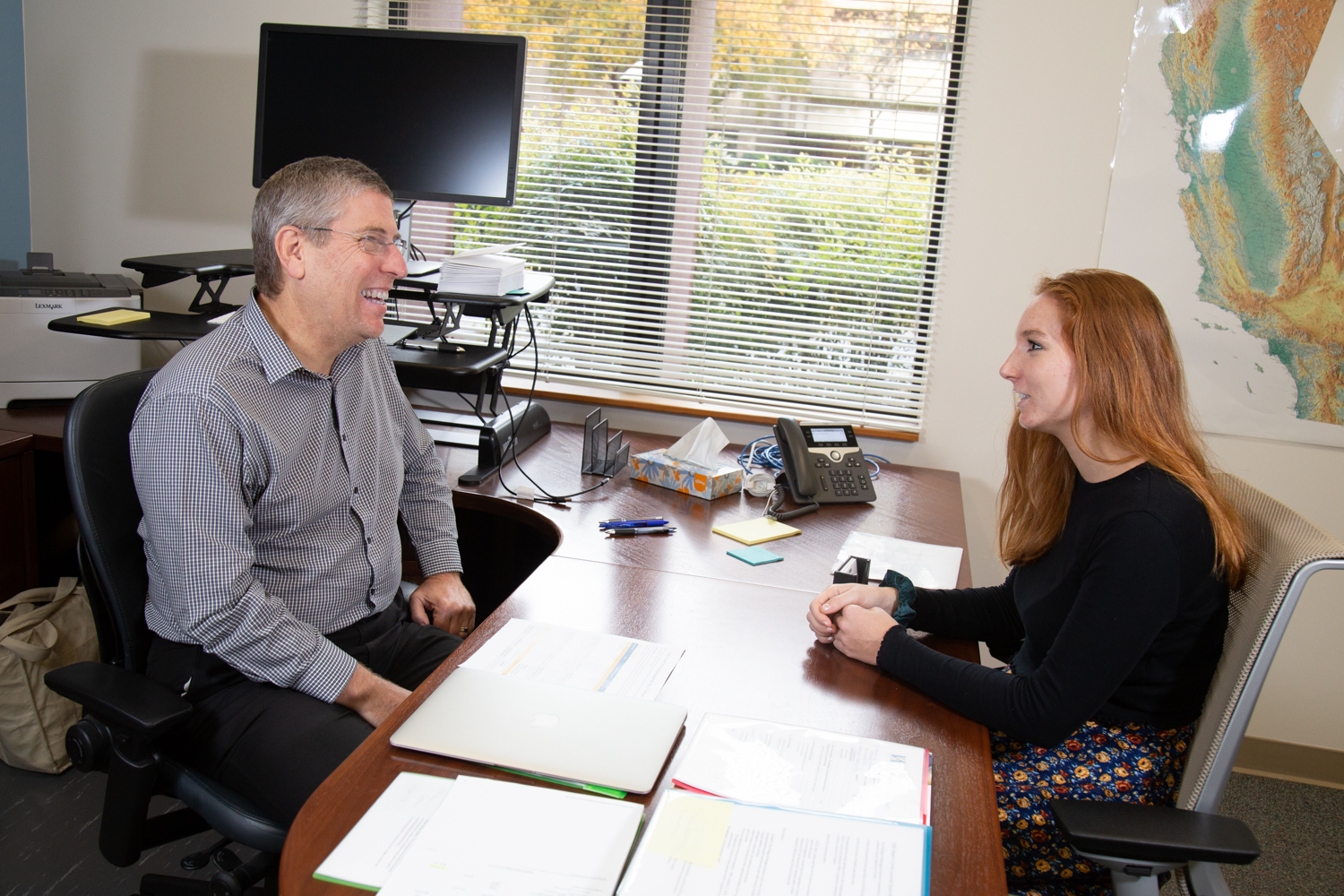 Dean Mark Winey and Fiona Beyerle discuss biological sciences matters