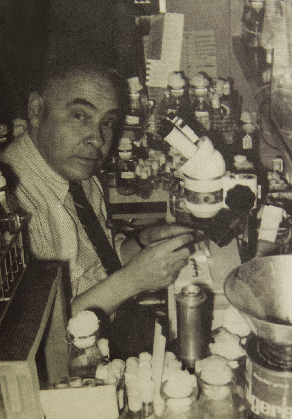 The lab bench was a favorite spot of Mel's, as evidenced by this photo of him taken in January 1967. Courtesy photo