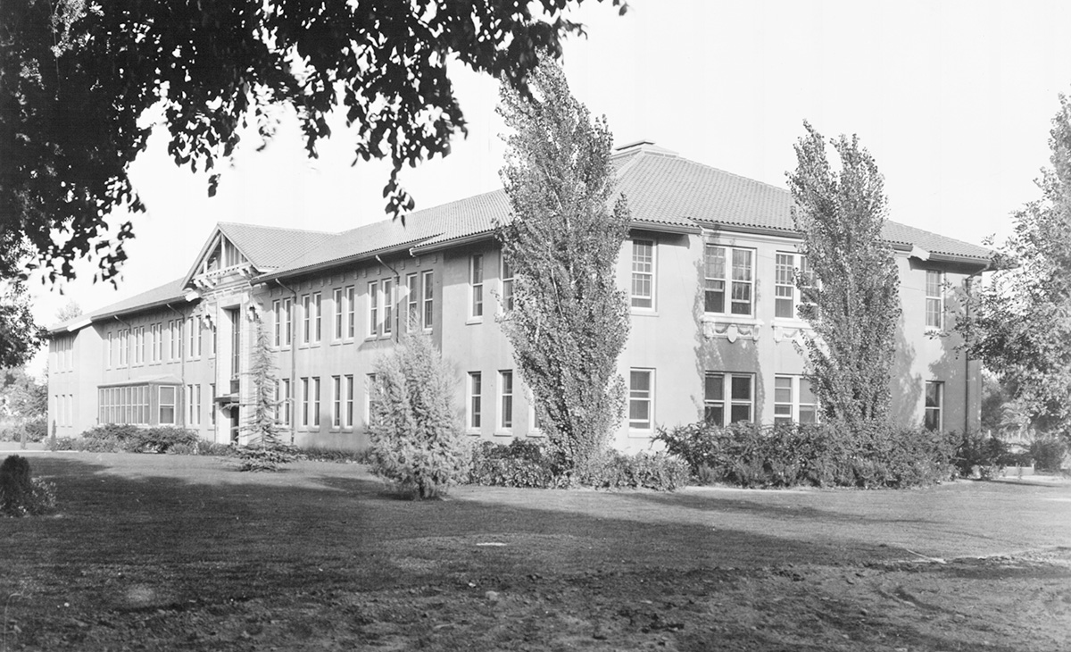 Black and white archival image of roadhouse hall