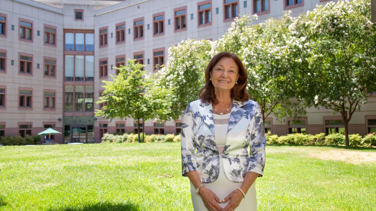 Lin Weaver stands in the courtyard outside the Life Sciences Building. David Slipher/UC Davis