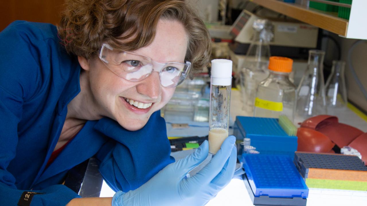 Kassandra Ori-McKenney glances at a vial filled with flies. David Slipher/UC Davis 