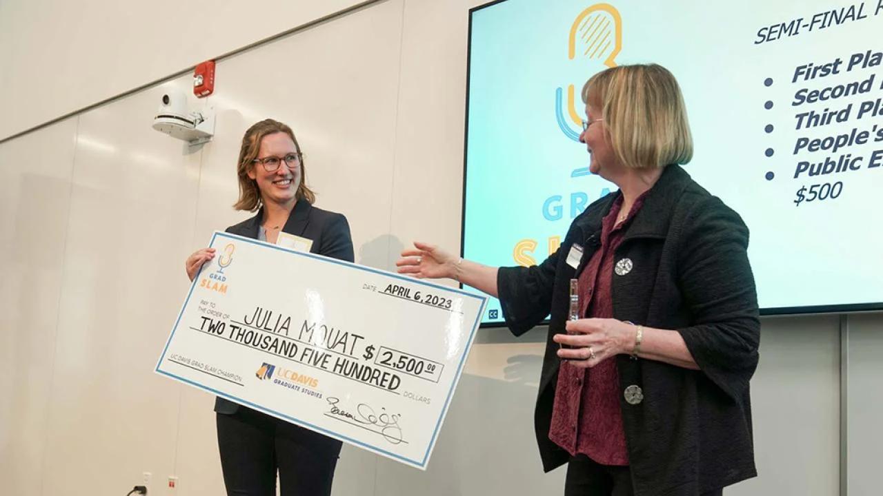 Two women standing in front of a presentation screen and holding an oversized check
