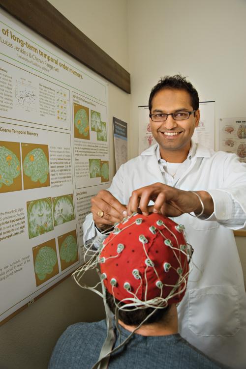 Professor Charan Ranganath is a member of the band Here Knows When, which is comprised of UC Davis researchers and a UC Davis alum. Karin Higgins/UC Davis Charan Ranganath uses an EEG cap.