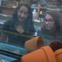 Two students looking into an aquarium