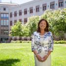 Lin Weaver stands in the courtyard outside the Life Sciences Building. David Slipher/UC Davis
