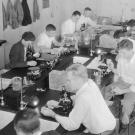 A black and white archival photograph of male students seated along a long laboratory table with microscopes. 