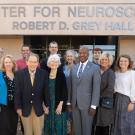 Dr. Robert and Kathleen Grey and family with Chancellor Gary May, Provost Mary Croughan, Dean Mark Winey and CNS Director Kimberley McAllister at the Robert D. Grey Hall building dedication ceremony at the Center for Neuroscience (TJ Ushing/UC Davis)