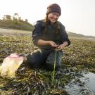 A female student in a bed of eelgrass