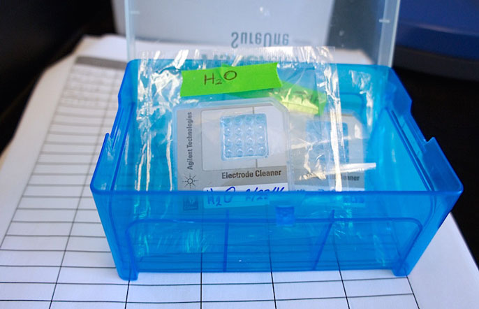 Chips for the bioanalyzer in Dr. Marco’s lab. The analyzer uses microfluidics to analyze DNA, RNA, protein, and cells using sample-specific chips. Credit: UC Davis