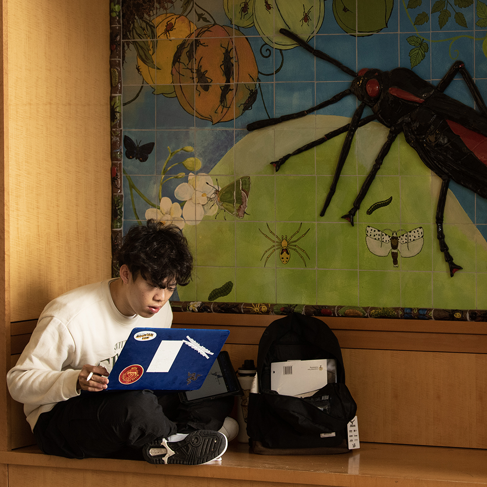 Student sitting in front of artwork