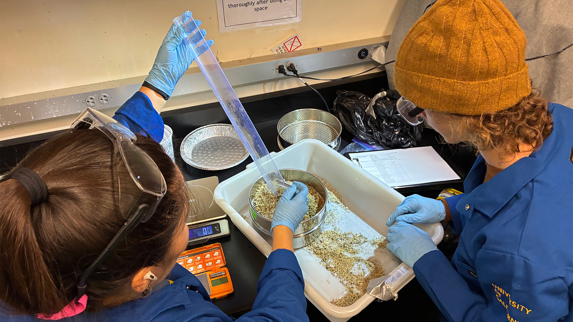Two lab workers in blue coats and gloves cleaning bone fragments in a water-filled tray