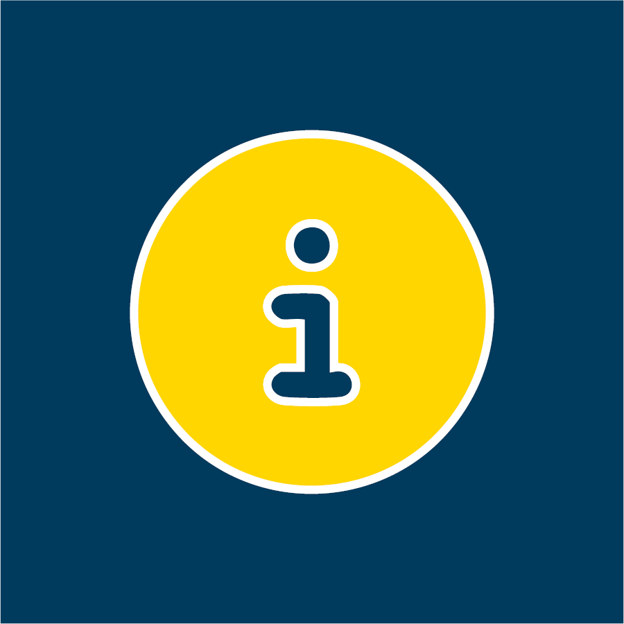 Yellow circle with lowercase letter i in center on dark blue background indicating information section.