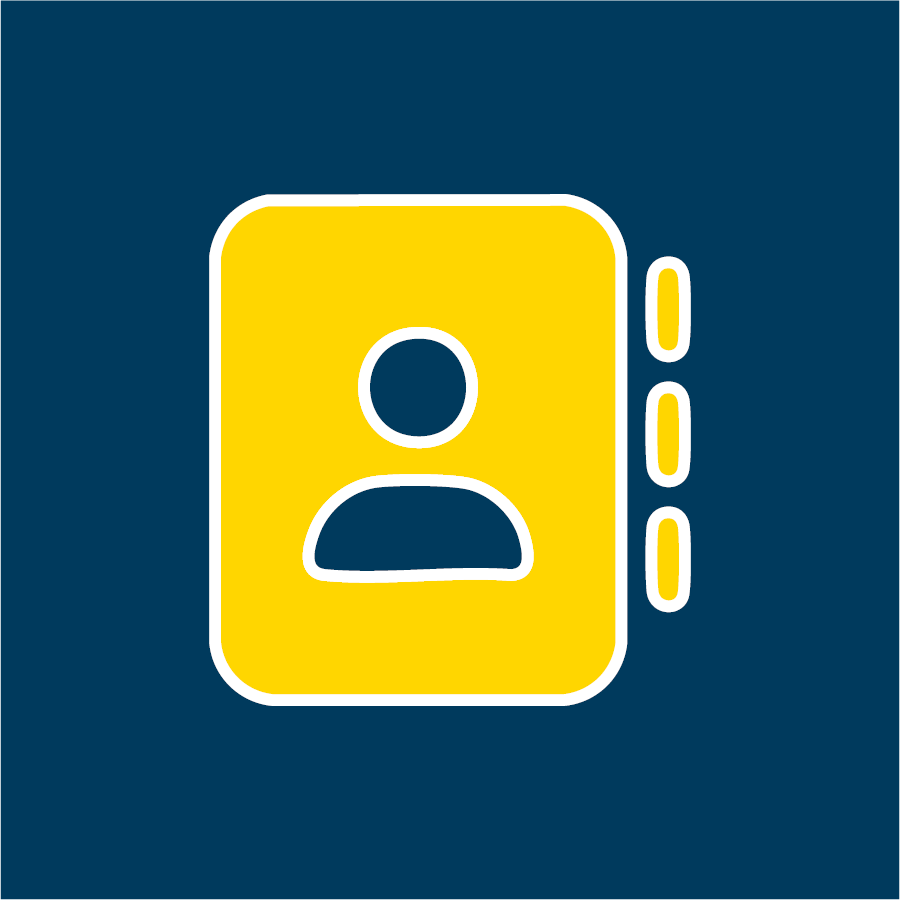 Yellow contact book with person silhouette and tabs on dark blue background representing alumni directory.