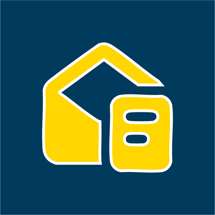 Yellow house outline with small building shape on dark blue background representing alumni homepage.