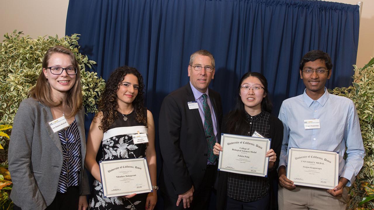 Ronald and Lydia Baskin Research Award recipient Iris Mollhoff, Undergraduate of the Year Niloufar Mohajerani, College of Biological Sciences Dean Mark Winey, CBS Medalist Felicia Peng and University Medalist Srujan Kopparapu pose during the 2017 Student Awards Reception. David Slipher/UC Davis Ronald and Lydia Baskin Research Award recipient Iris Mollhoff, Undergraduate of the Year Niloufar Mohajerani, College of Biological Sciences Dean Mark Winey, CBS Medalist Felicia Peng and University Medalist Srujan Kopparapu pose during the 2017 Student Awards Reception. David Slipher/UC Davis