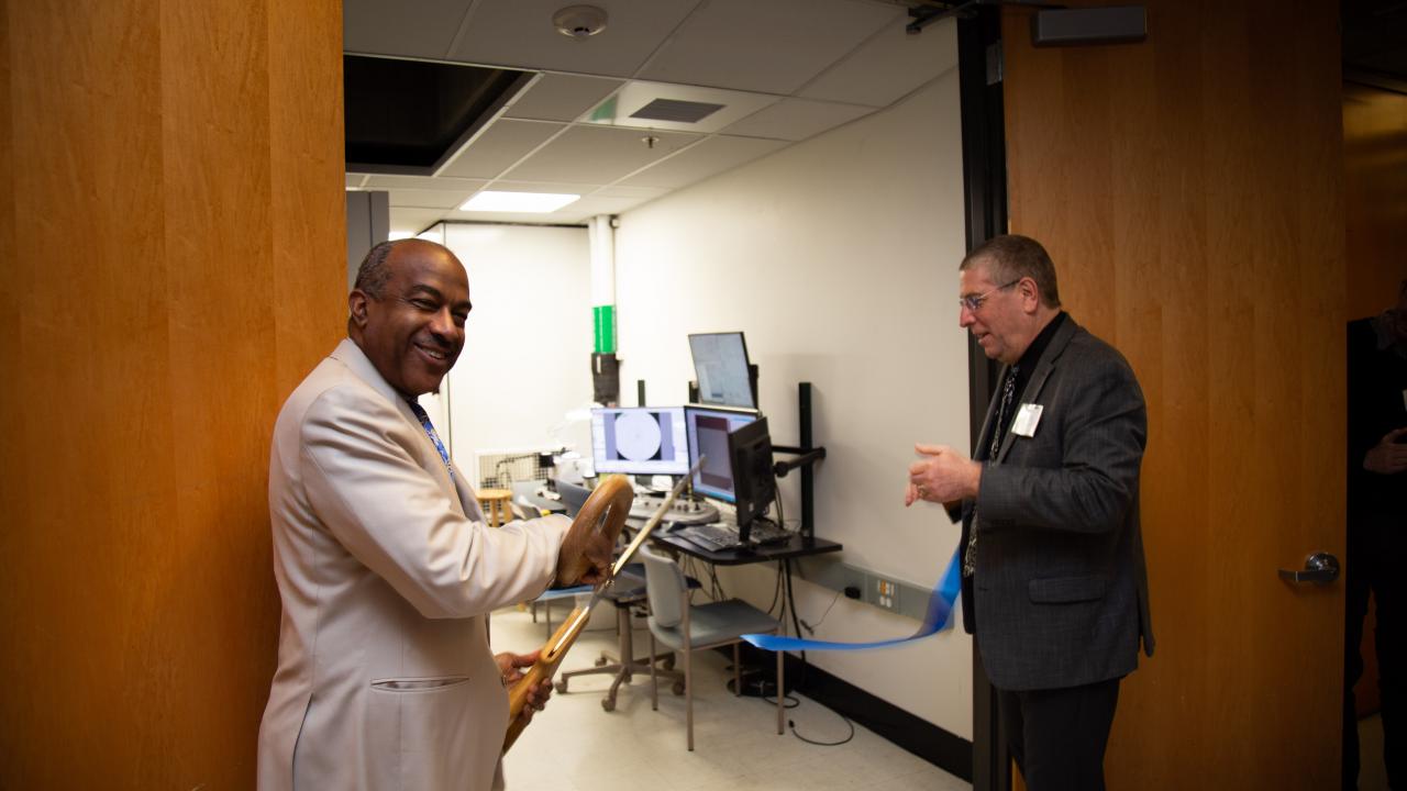 UC Davis Chancellor Gary May and College of Biological Sciences Dean Mark Winey celebrate the opening of the new cryo EM facility. Jen Prahl Gary May and Mark Winey