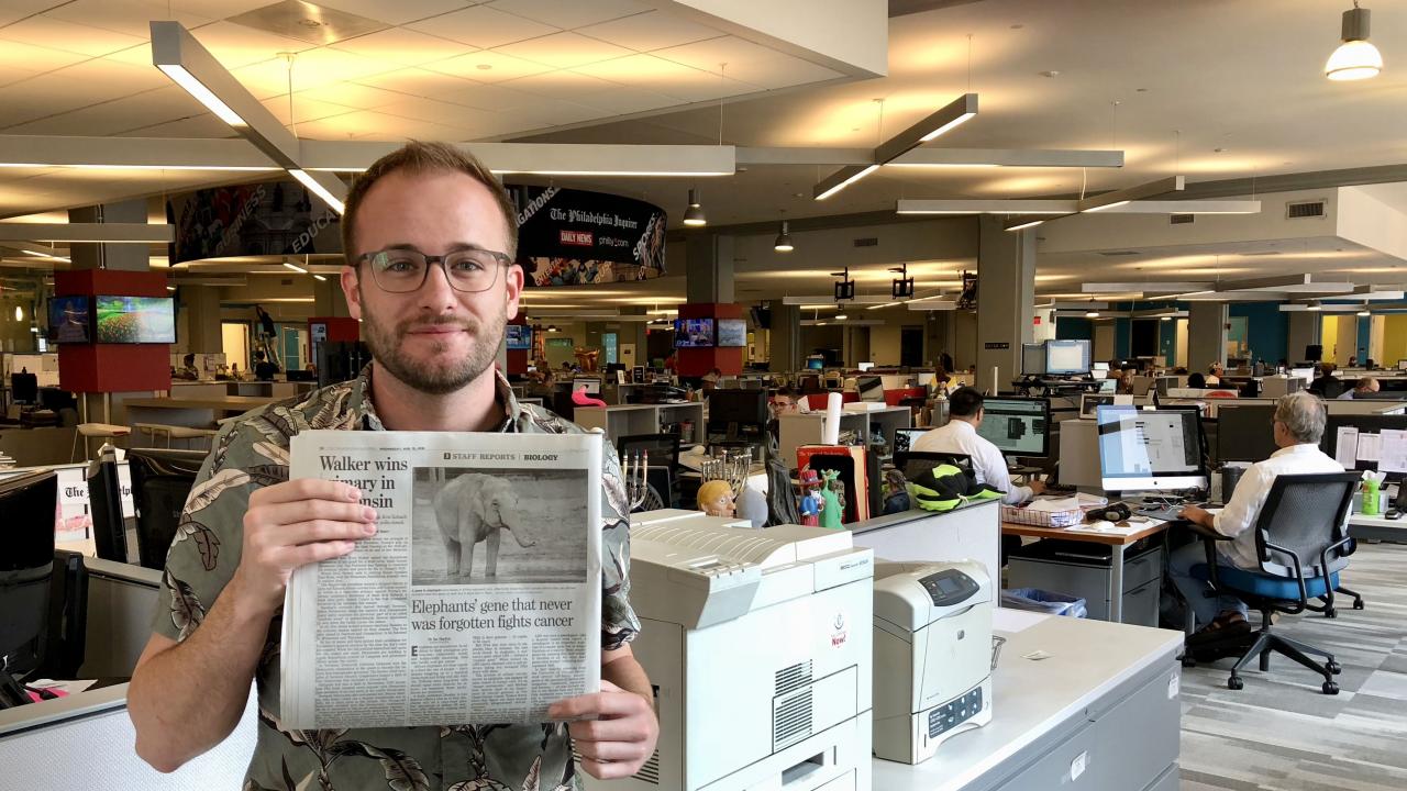 Ian Haydon’s entrance into science writing occurred in whirlwind fashion. As a graduate student studying biological physics, structure and design at the University of Washington, he was intent on obtaining a Ph.D. but also knew he was more interested in careers outside of academic research. Courtesy photo Ian Haydon stands in the newsroom