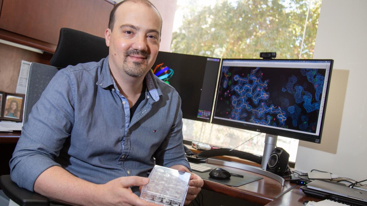 Assistant Professor Nitzan Shabek sits in his lab