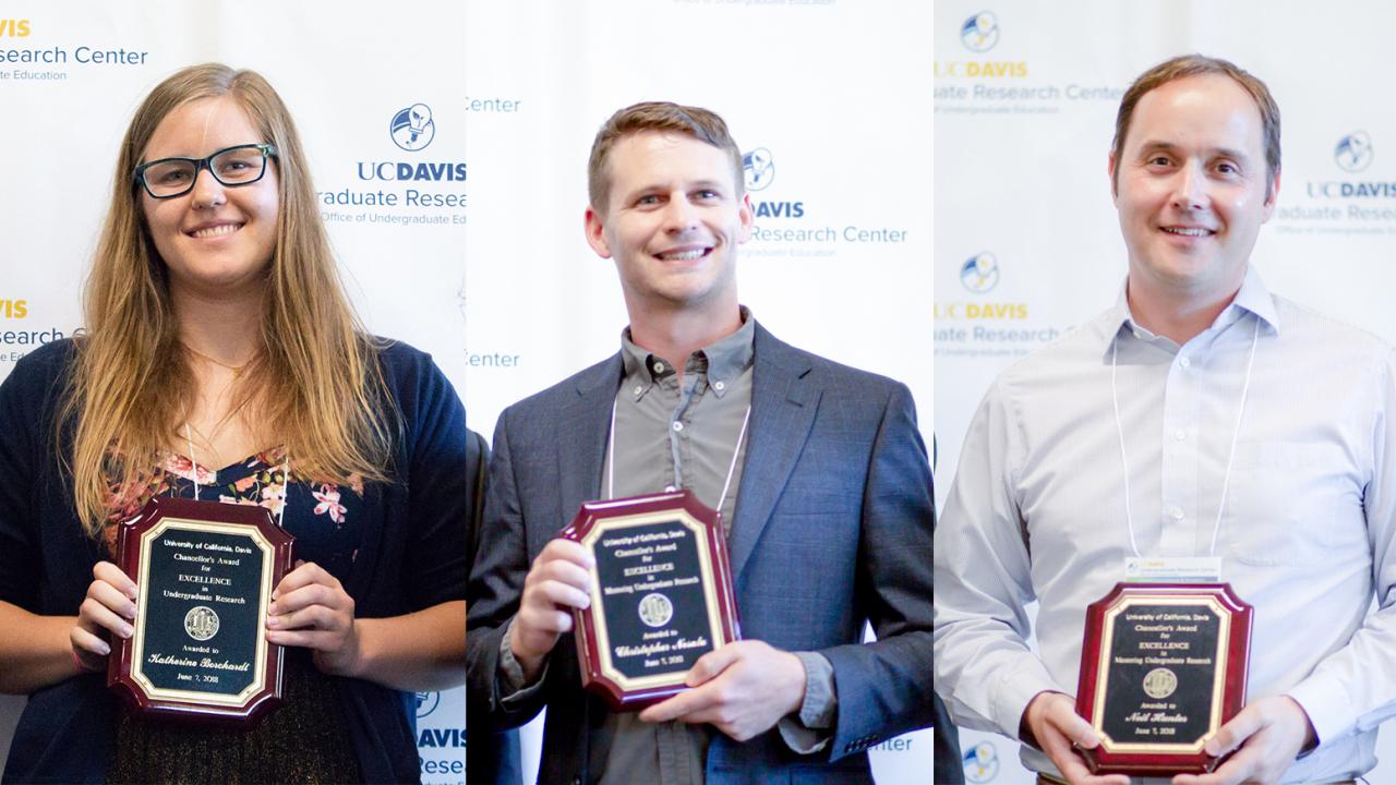 Undergraduate student Kate Borchardt, graduate student Chris Nosala and faculty member Neil Hunter were recognized with Chancellor's Awards for Excellence in Undergraduate Research. Daniel Oberbauer Undergraduate student Kate Borchardt, graduate student Chris Nosala and faculty member Neil Hunter stand with their plaques for the Chancellor's Award for Excellence in Undergraduate Research. Daniel Oberbauer