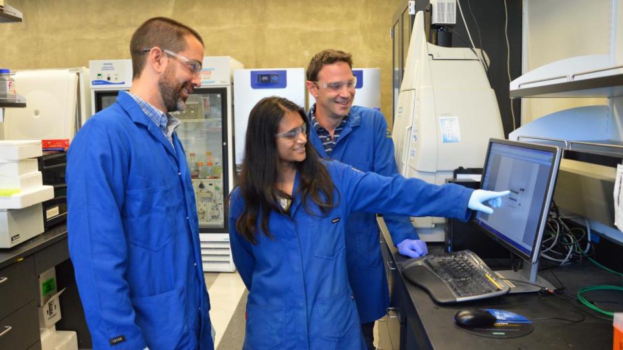 The UC Davis research team represents the colleges of Biological Sciences, Engineering, and Agricultural and Environmental Sciences Priya Shah stands with colleagues