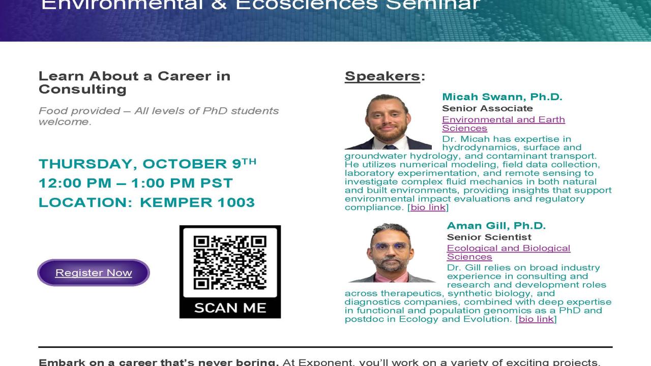 Flyer for Exponent Engineering & Scientific Consulting Environmental & Ecosciences Seminar