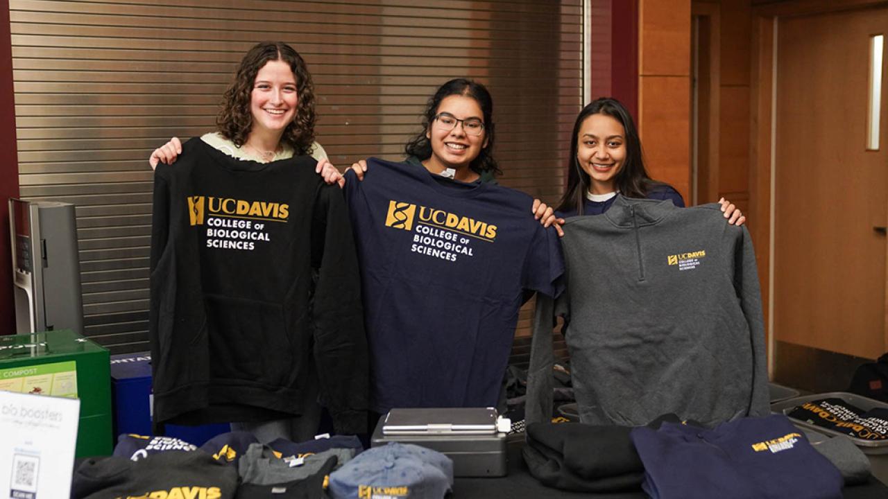 Three smiling students are standing behind a table showcasing UC Davis College of Biological Sciences merchandise. Each student is holding up different clothing items with the UC Davis logo, including a black hoodie, a navy-blue T-shirt, and a gray pullover. The table in front of them is filled with more UC Davis-branded apparel and hats.