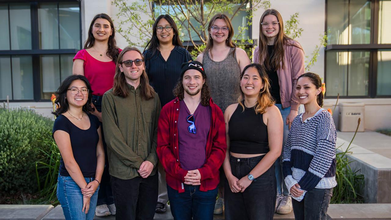 This year’s cohort of CBS DEIJ Leader Fellows led projects that addressed a wide array of DEIJ-related needs throughout the college. Back row, from the left: Selin Gümüşderelioğlu, Maribel Anguiano, Tracie Hayes and Tess Leathers. Front row, from the left: Sarah Wang, DEI grad advisor to the dean, Devin Romines, Elijah Kofke, Hee Jin Chung and Kiran Long-Iyer, DEI grad advisor to the dean. (Jenevieve Bohmann / UC Davis)