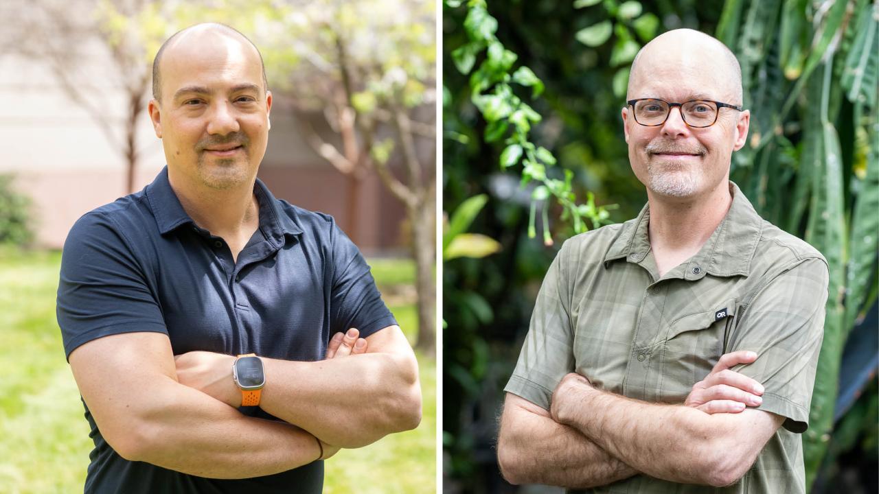 Two outdoor photos: left man in dark polo, right man in green shirt, both with arms crossed