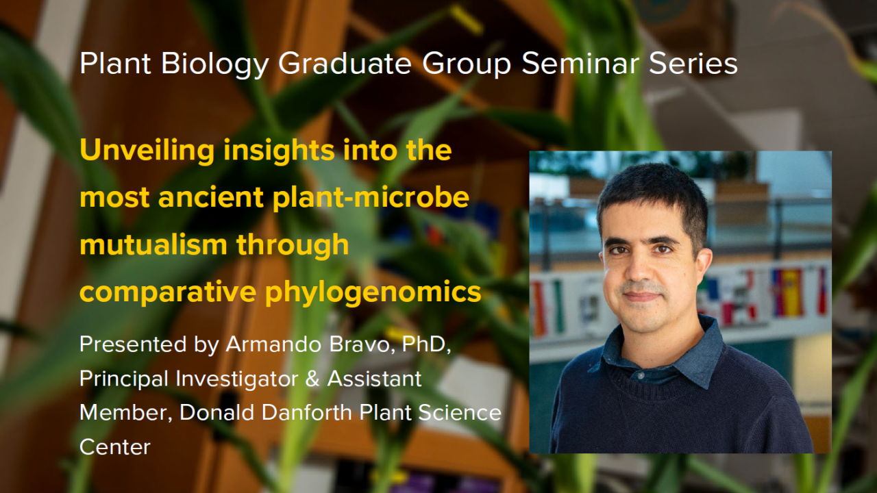 Plant graphic with seminar title and image of the presenter