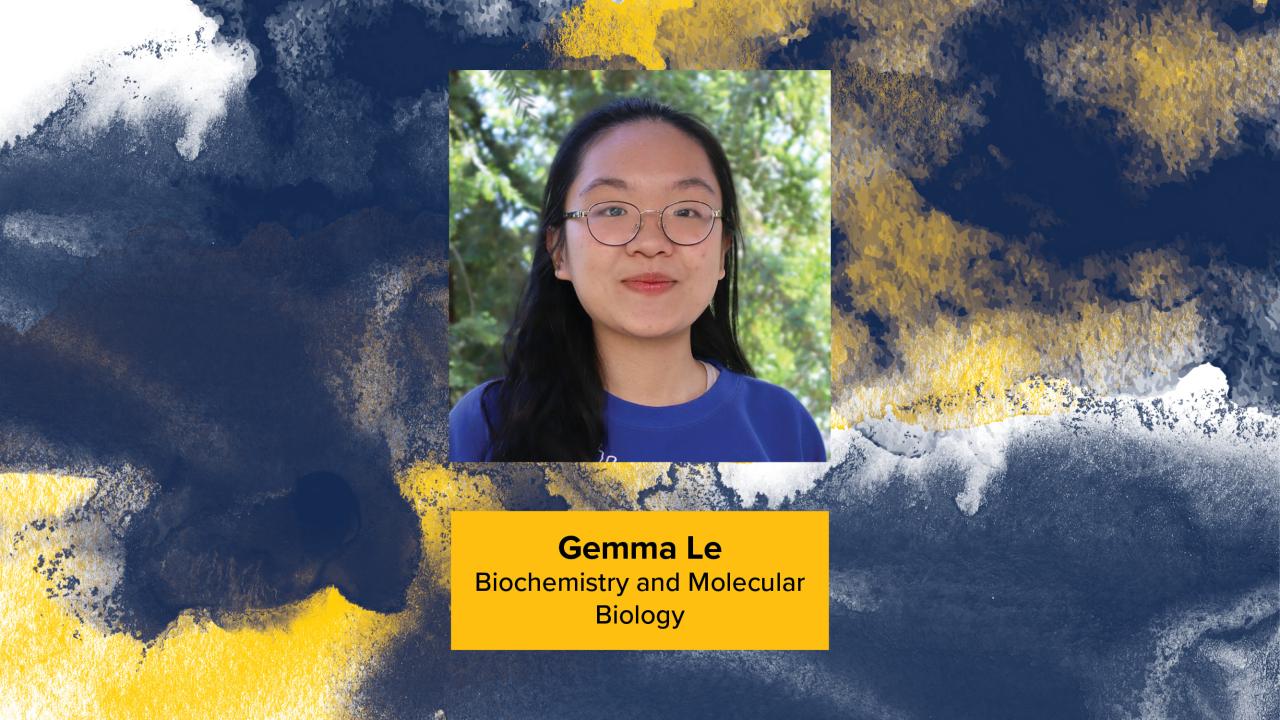Gemma Le headshot against blue and gold background