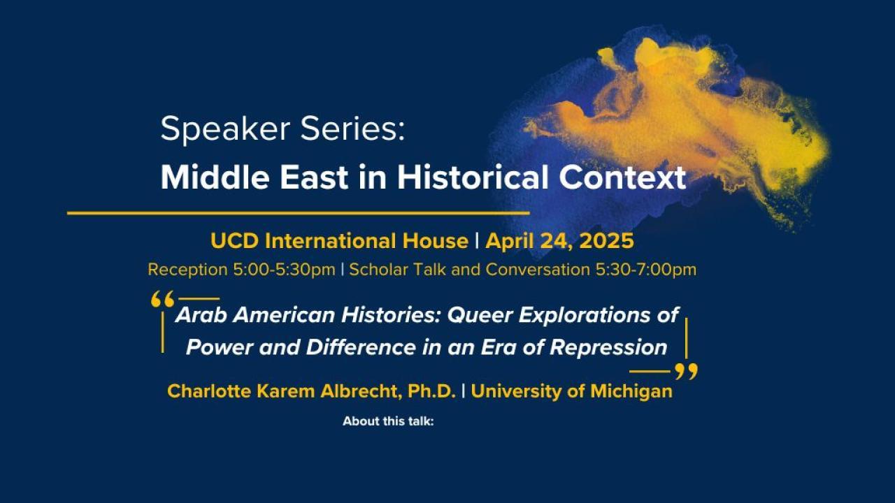 Digital flier for a speaker series titled "Middle East in Historical Context" at UCD International House on April 24, 2025. It features a talk by Charlotte Karem Albrecht, Ph.D., titled *"Arab American Histories: Queer Explorations of Power and Difference in an Era of Repression."* Reception at 5:00pm, talk 5:30–7:00pm.