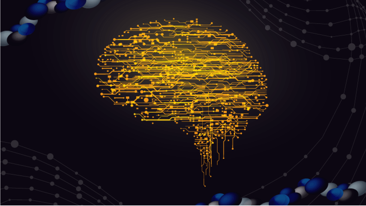Illustration of a glowing yellow brain composed of intricate circuitry patterns, symbolizing artificial intelligence or neural networks, set against a dark background with abstract molecular and network designs in the corners.
