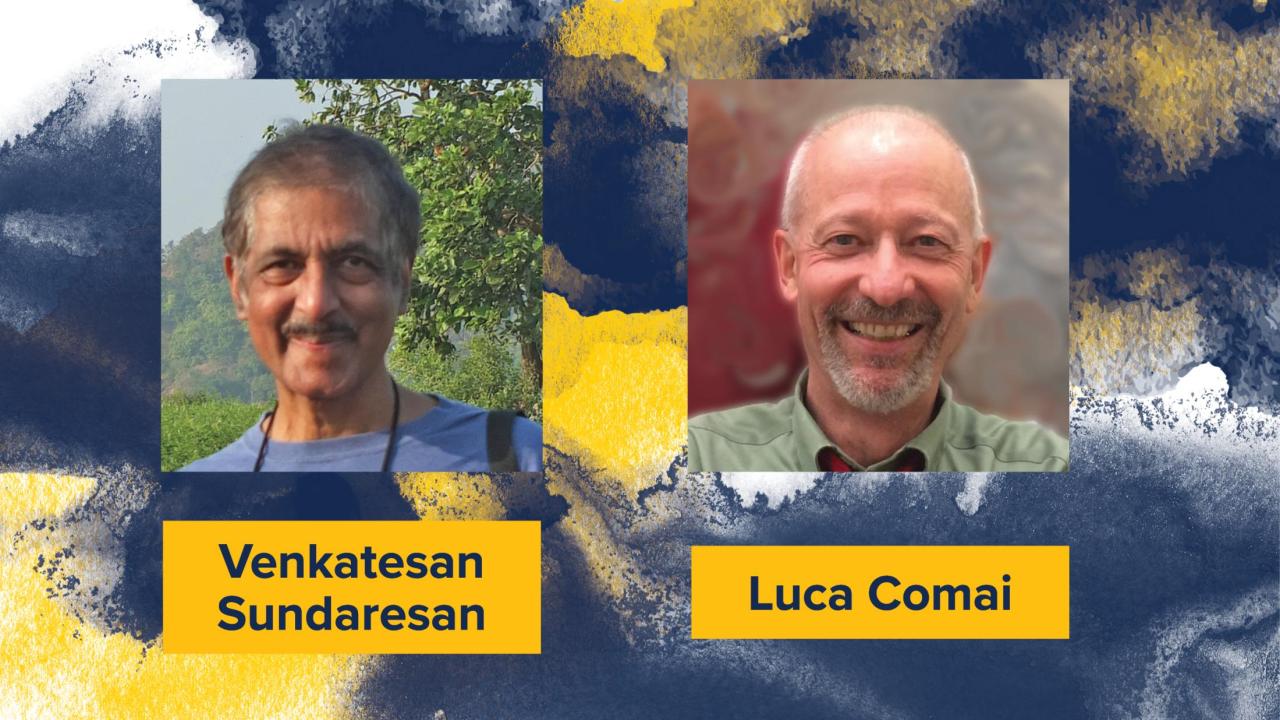Graphic with headshots of two male faculty members