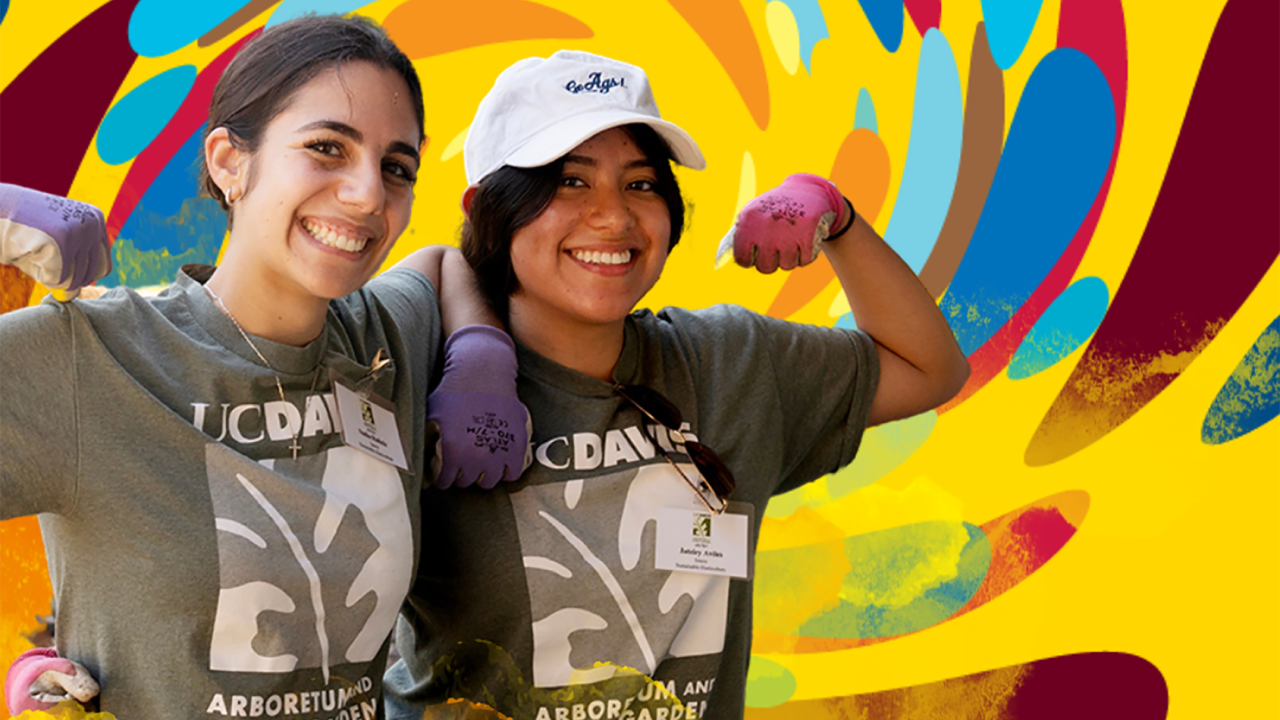  Two smiling UC Davis students wearing Arboretum and Public Garden shirts pose with arms flexed, showing off their gardening gloves. Behind them is a colorful, abstract swirl background with bold shades of yellow, blue, red, and orange.