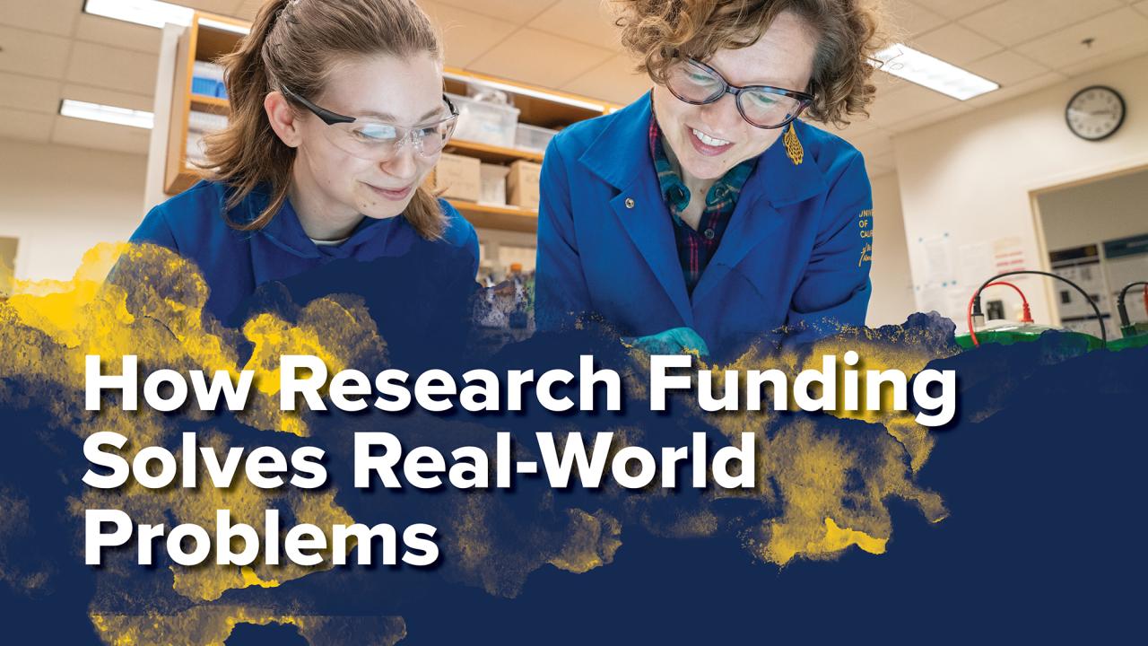 Two researchers in blue UC Davis lab coats work together in a laboratory, smiling as they conduct an experiment. The image features bold text that reads, "How Research Funding Solves Real-World Problems."