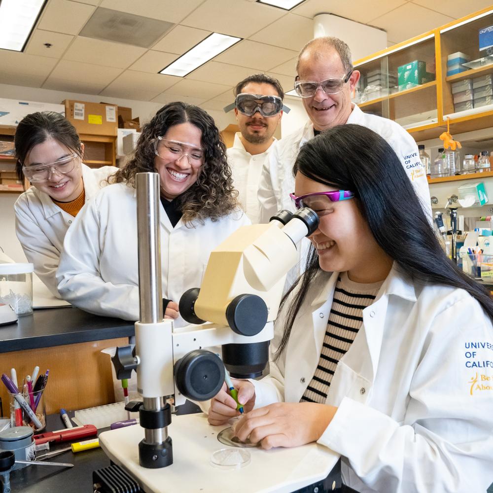 Group of researchers in white lab coats gather around a microscope in a lab, smiling and observing a sample together.