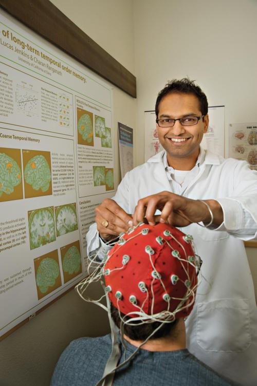 Professor Charan Ranganath is a member of the band Here Knows When, which is comprised of UC Davis researchers and a UC Davis alum. Karin Higgins/UC Davis Charan Ranganath uses an EEG cap.