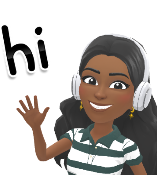 Graphic avatar waving, dark-skinned woman with headphones and striped polo
