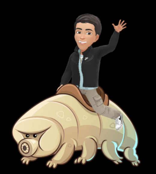 Illustration of a smiling avatar waving while riding a large beige armadillo-like creature