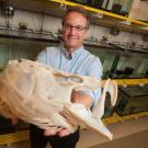 Researcher smiling while holding a large white cetacean skull in a laboratory with tanks
