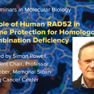 Blue graphic with seminar title, speaker name and title, and speaker photo