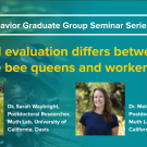 Blue graphic with seminar titles, speaker names and titles, and speaker photos