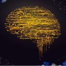 Illustration of a glowing yellow brain composed of intricate circuitry patterns, symbolizing artificial intelligence or neural networks, set against a dark background with abstract molecular and network designs in the corners.