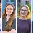 Four people smile in individual portraits, shown side by side in lab and outdoor settings.