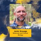 Blue and gold watercolor graphic with Javier's headshot