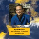 Blue and gold watercolor graphic with Aldrin's headshot