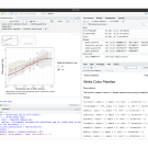 RStudio screenshot: scatterplot with regression line, code editor and model summary panes.